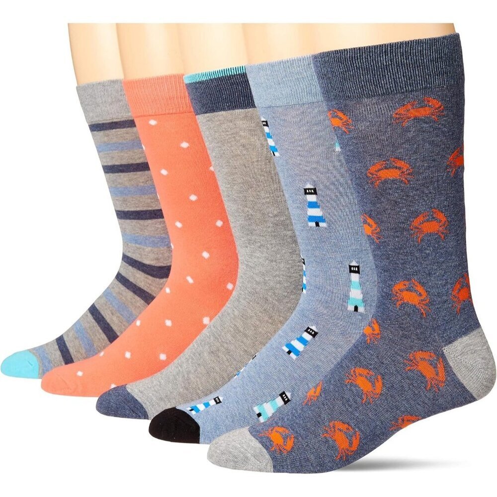 Men's Blue/Grey/Navy Crab/Orange Dots/Stripe Comfortable Patterned Dress Socks